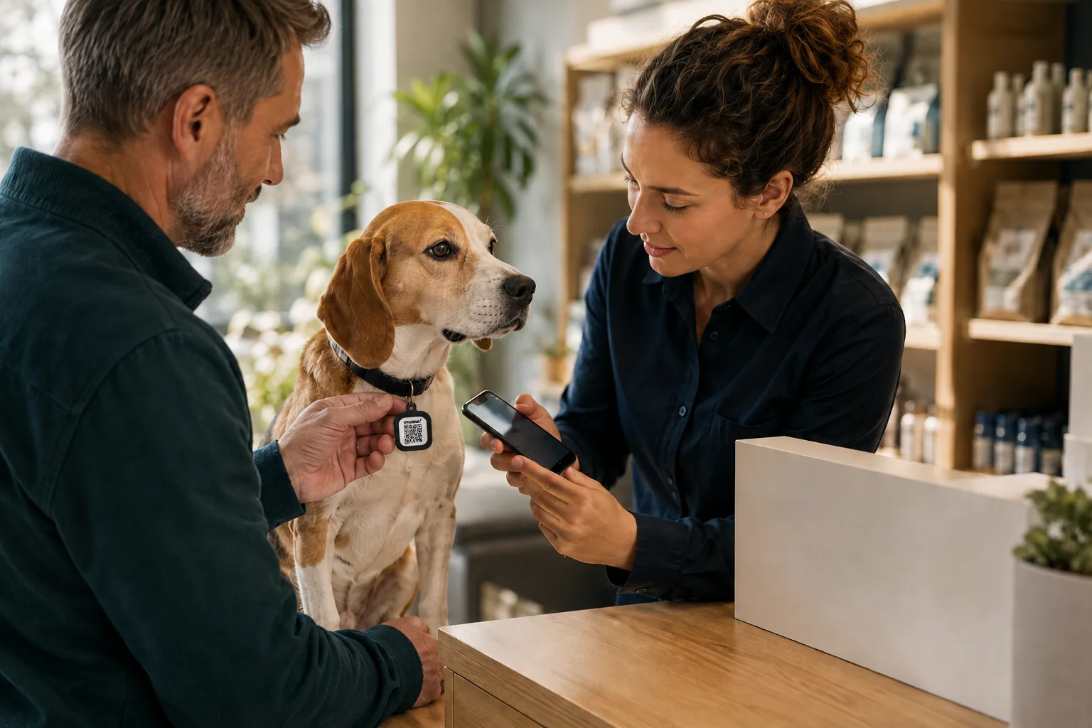 Een winkelmedewerker helpt een klant om een UFoundMe!-penning voor zijn hond te activeren