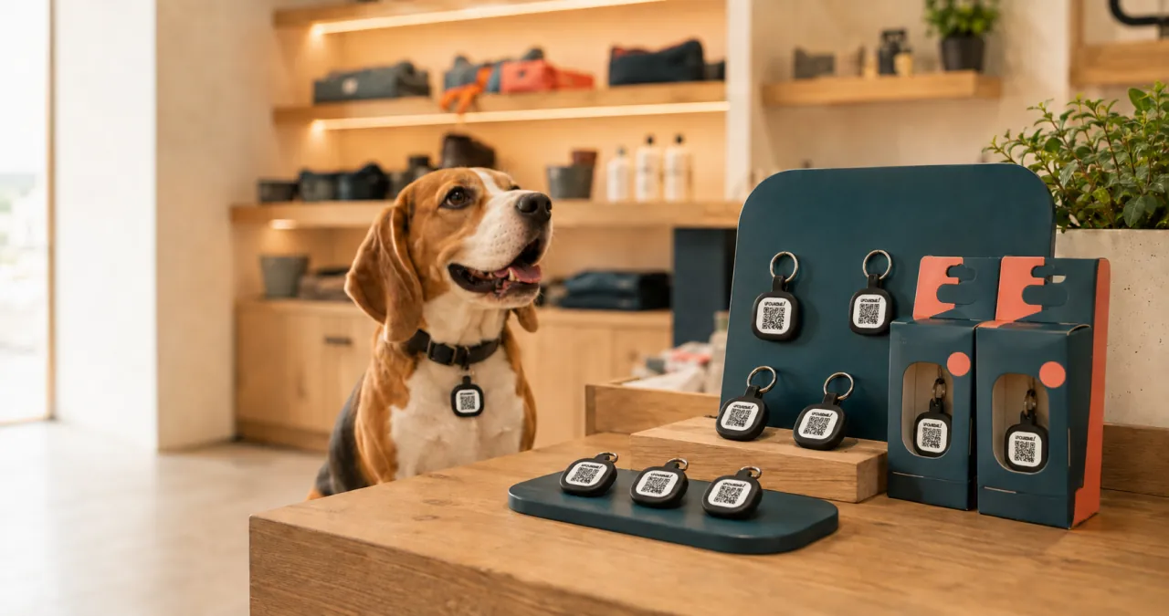 UFoundMe!-penningsdisplay in een dierenspeciaalzaak met een hond erbij