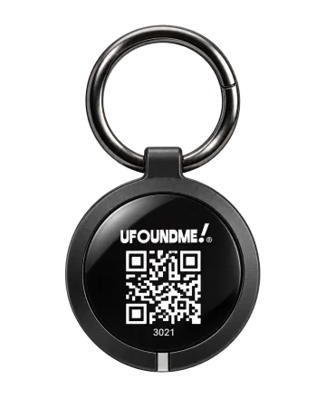 Badge UFoundMe! rond en métal noir avec QR code