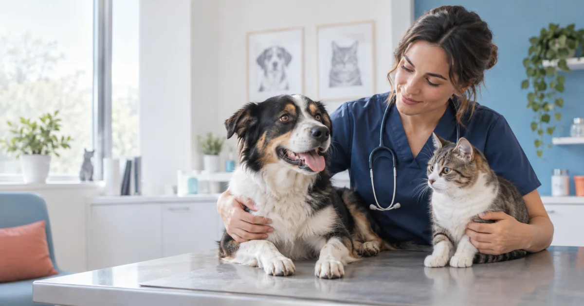 Un chien et un chat accompagnés avec bienveillance par une vétérinaire.