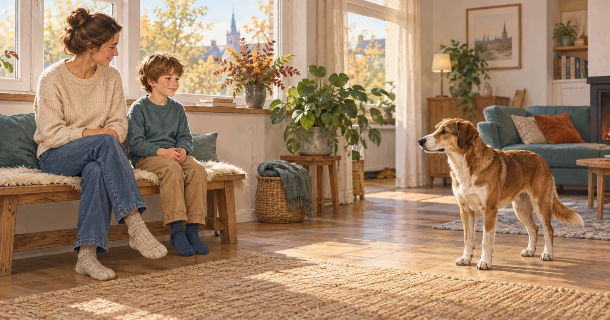 Un enfant et une adulte assis calmement observent un chien à distance, sans tendre les mains vers lui.