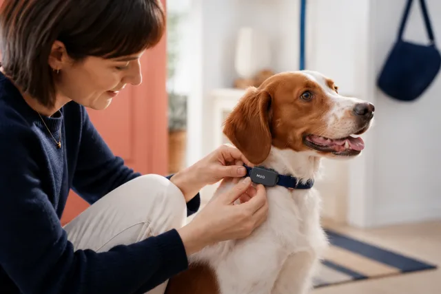 Une personne attache un traceur GPS MEO Safety au collier de son chien