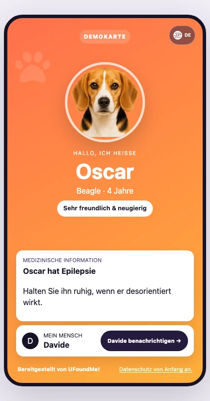 Echte Ansicht der digitalen UFoundMe!-Karte auf Deutsch