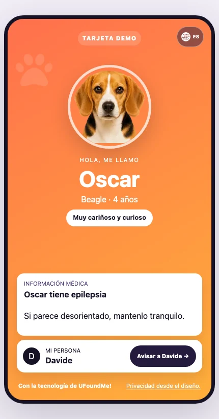 Interfaz real de la ficha digital UFoundMe! en español