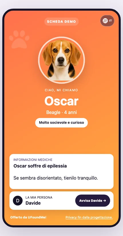 Interfaccia reale della scheda digitale UFoundMe! in italiano
