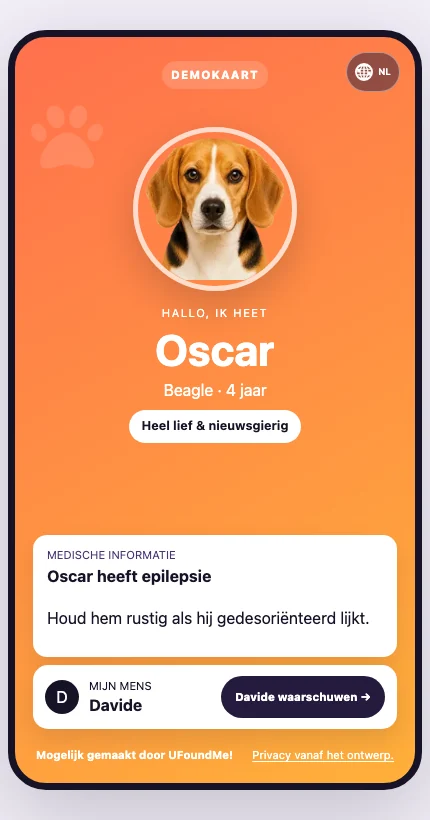 Echte weergave van de digitale UFoundMe!-kaart in het Nederlands