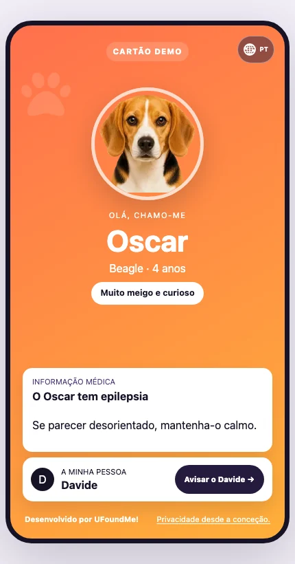 Interface real do cartão digital UFoundMe! em português