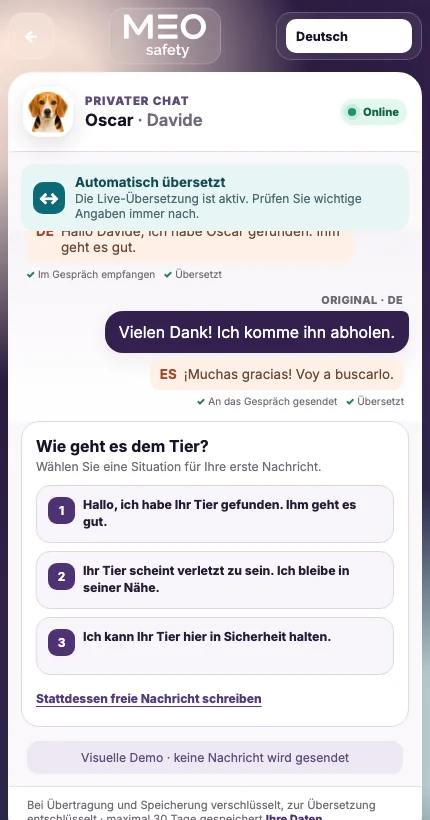 Echte Ansicht des privaten UFoundMe!-Chats auf Deutsch