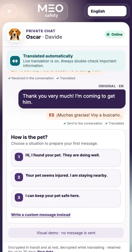 Real view of the UFoundMe! private chat in English