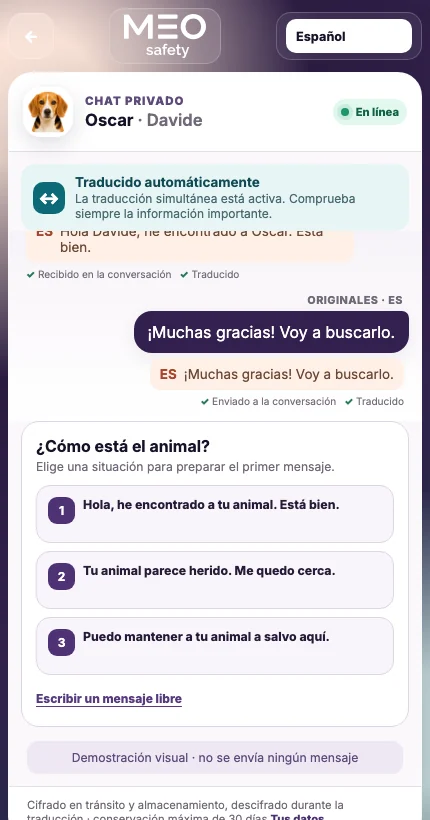 Interfaz real del chat privado UFoundMe! en español