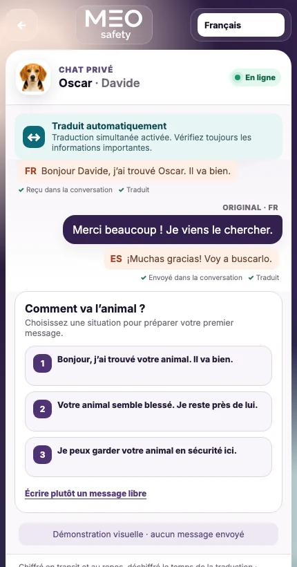 Rendu réel du chat privé UFoundMe! en français