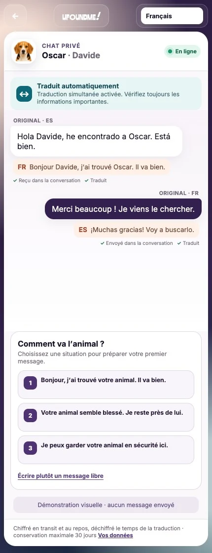 Rendu réel du chat privé UFoundMe! en français
