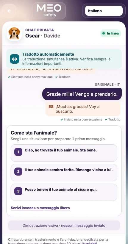 Interfaccia reale della chat privata UFoundMe! in italiano