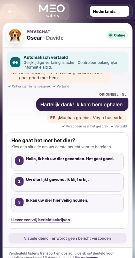 Echte weergave van de privéchat van UFoundMe! in het Nederlands