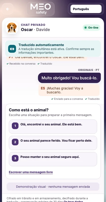 Interface real da conversa privada UFoundMe! em português